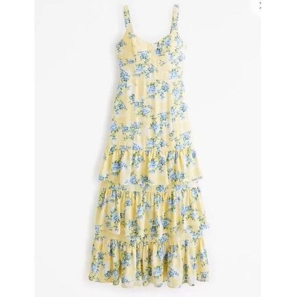 Abercrombie & Fitch Dresses & Skirts - Abercrombie & Fitch Butter Yellow Ruffle Tiered Maxi Dress Blue Floral SZ M EUC